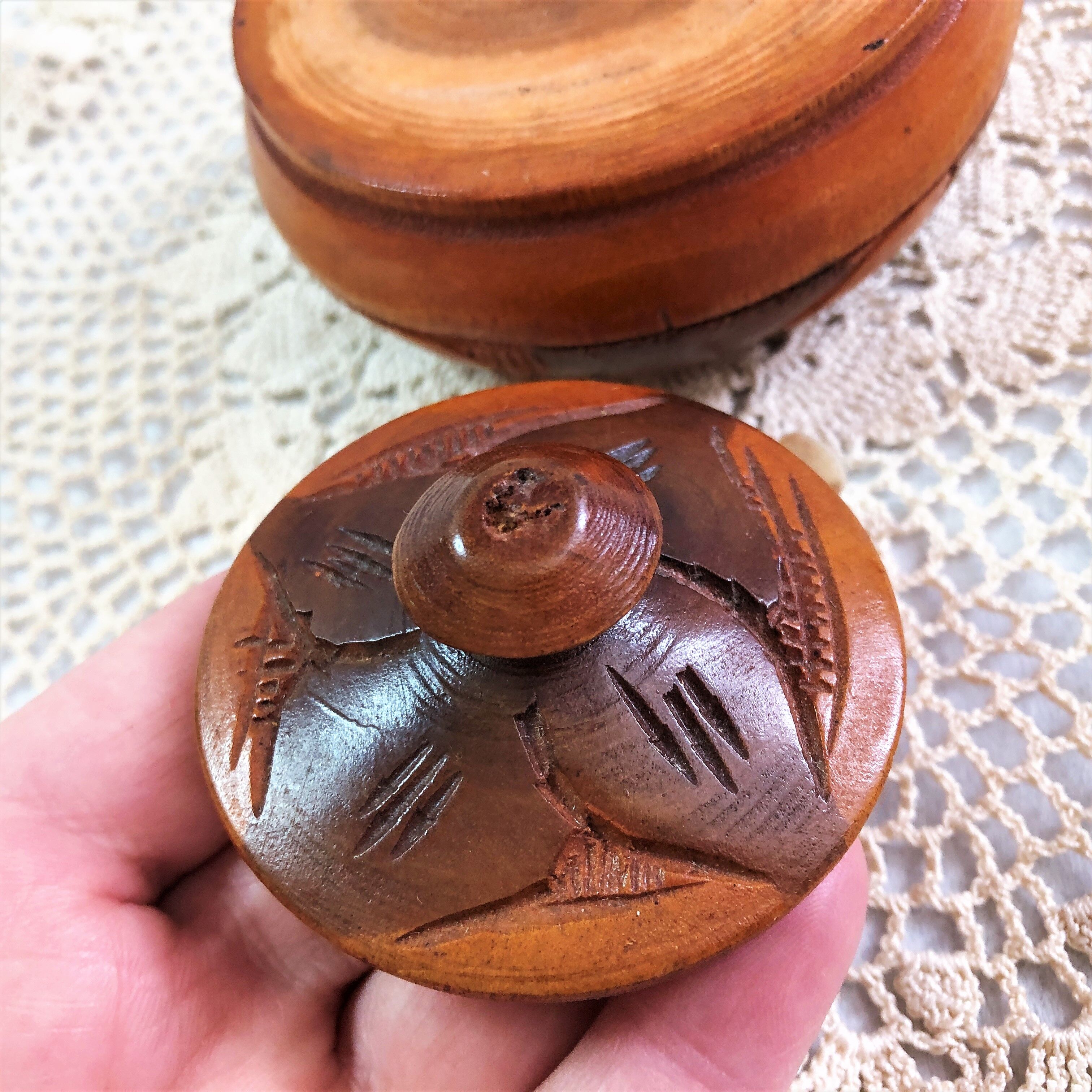 Handmade wooden box brown copper polychrome vintage