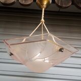 Art Deco ceiling lamp / chandelier in pink pressed molded glass in working order