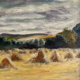 Oil on panel haystacks 20th century whitewashed frame