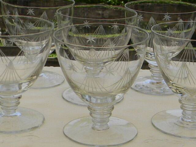 6 Art Deco engraved wine glasses, Meisenthal glassware