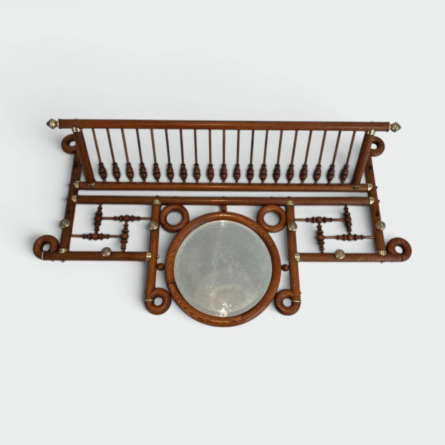 Curved Wooden and Brass Wall Coat Rack, Arts & Crafts, Austria, glass