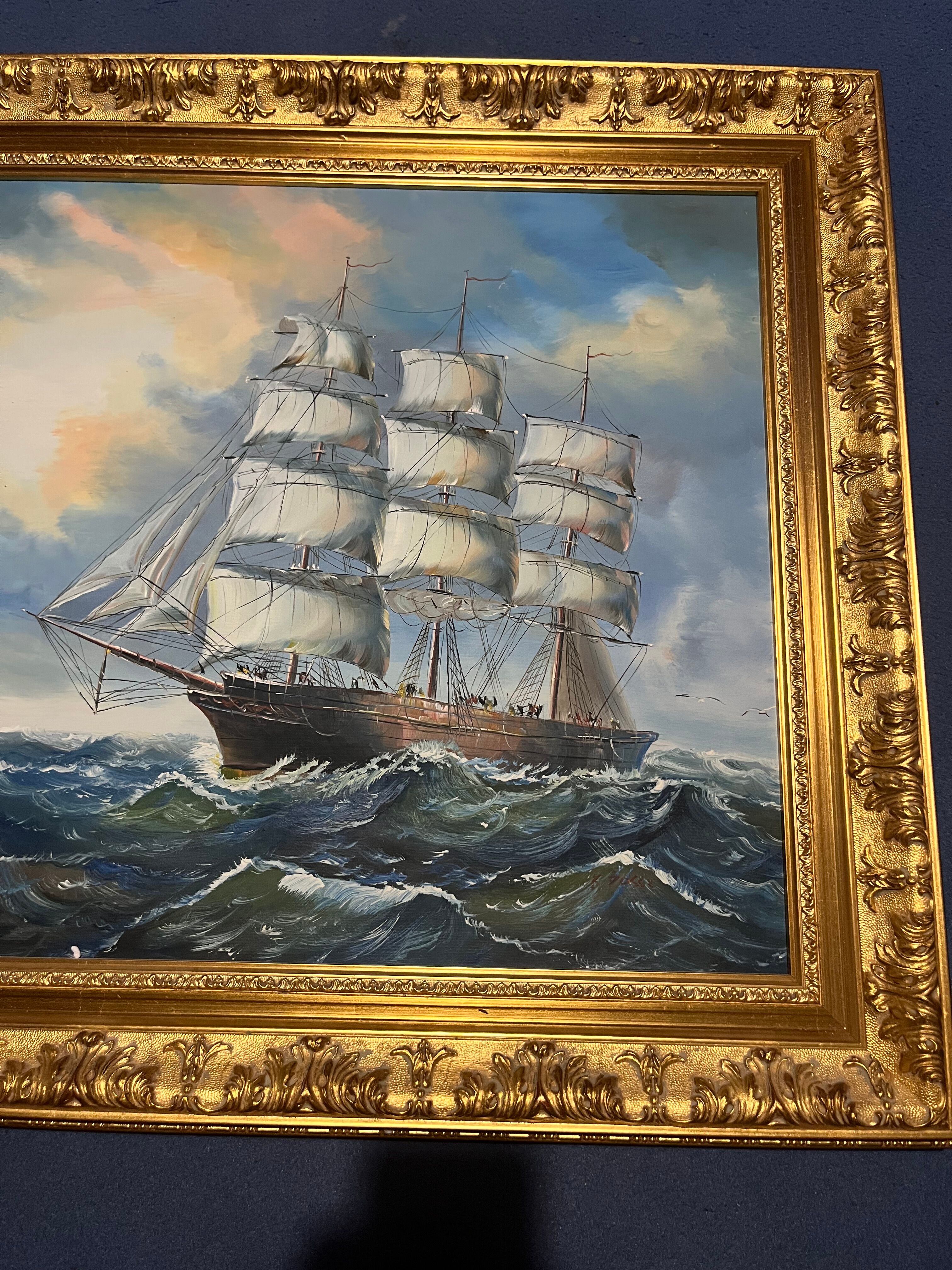 Large Marine Painting 3-Mast Sailing Ship - Sunset Sky