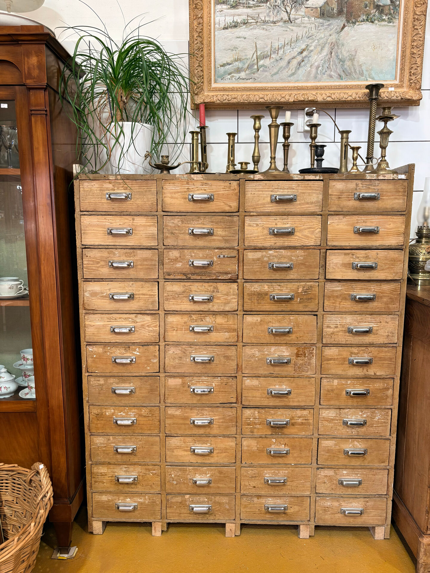 Large antique workshop cabinet with 44 drawers – patinated wood