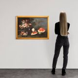 Antique Painting Still Life With Flowers And Fruit From The 18th Century