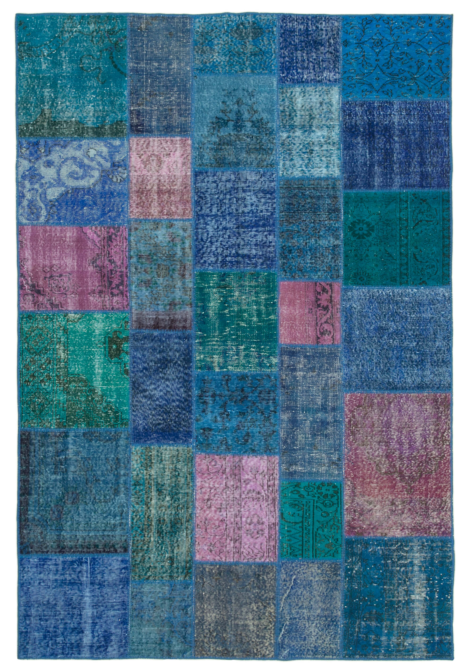 Handmade anatolian vintage 202 cm x 300 cm blue patchwork carpet