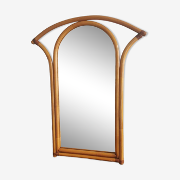 60s Spanish Bamboo and Rattan Mirror with Arched Top