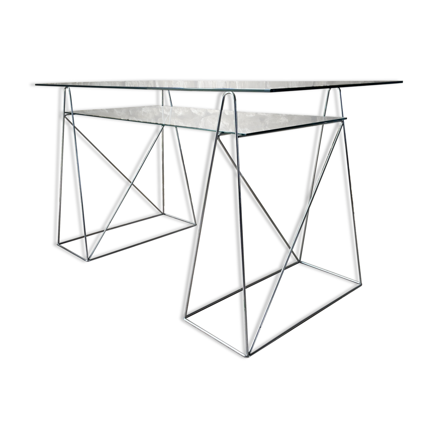 Glass desk - chrome metal trestles