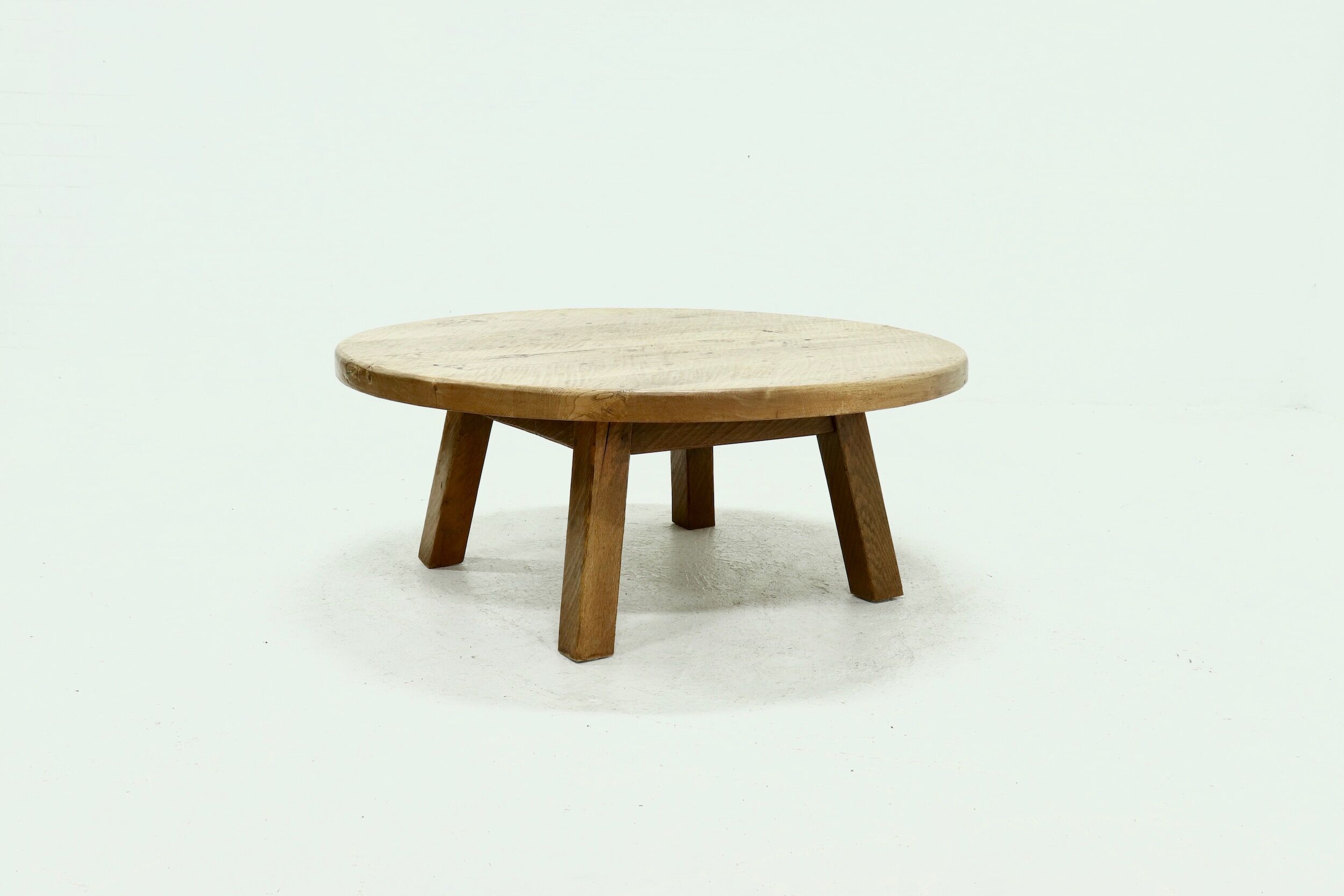 Brutalist Solid Oak Round Coffee Table 1970s