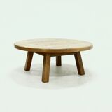 Brutalist Solid Oak Round Coffee Table 1970s