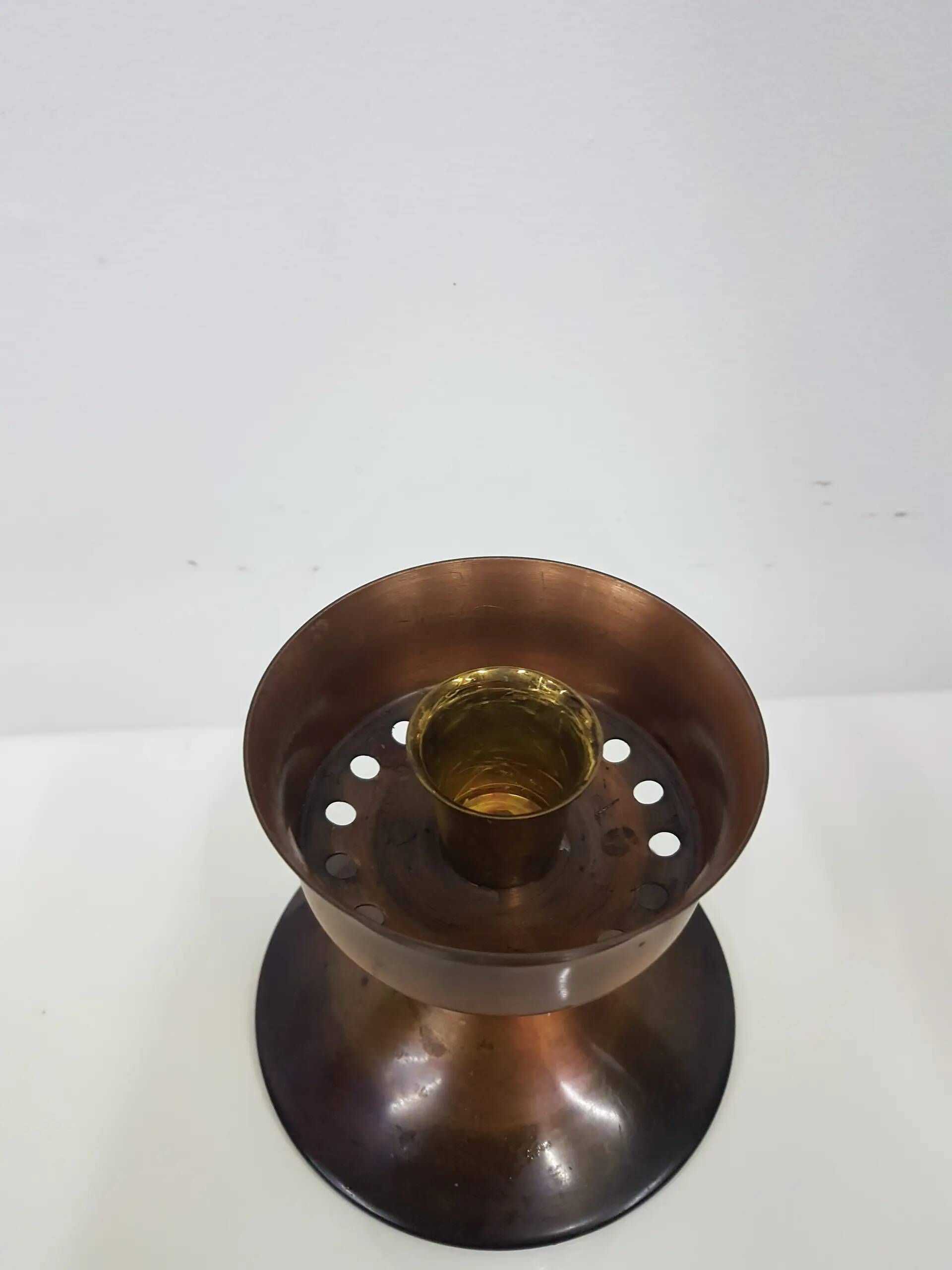 Candlestick, gold-tone brass, clear greenish glass, Austria, 1960s.