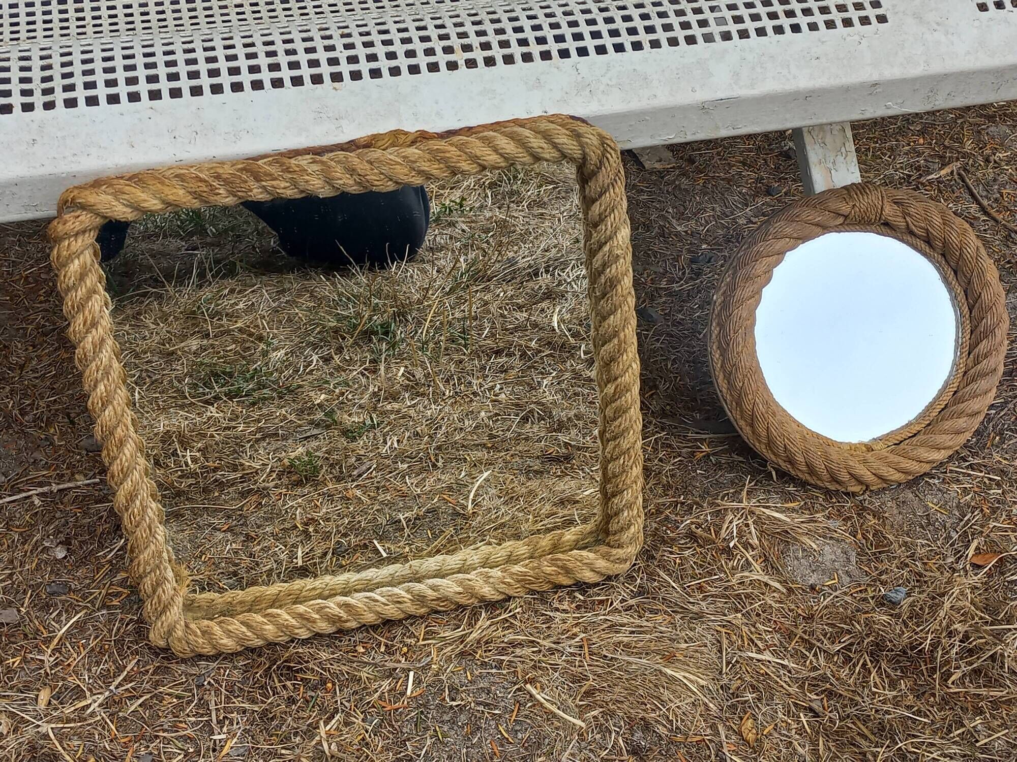 Set of 2 Audoux and Minet mirrors with rope from the 1950s.