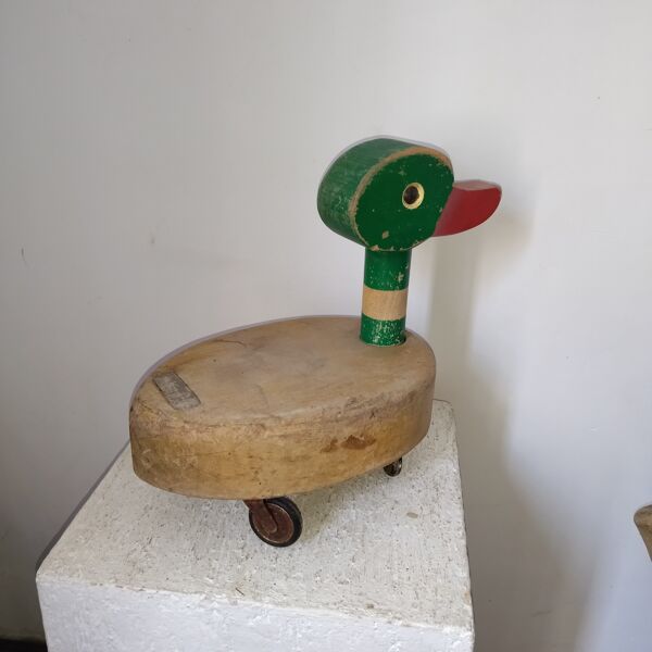 Jouet ancien canard à tirer en bois années 50