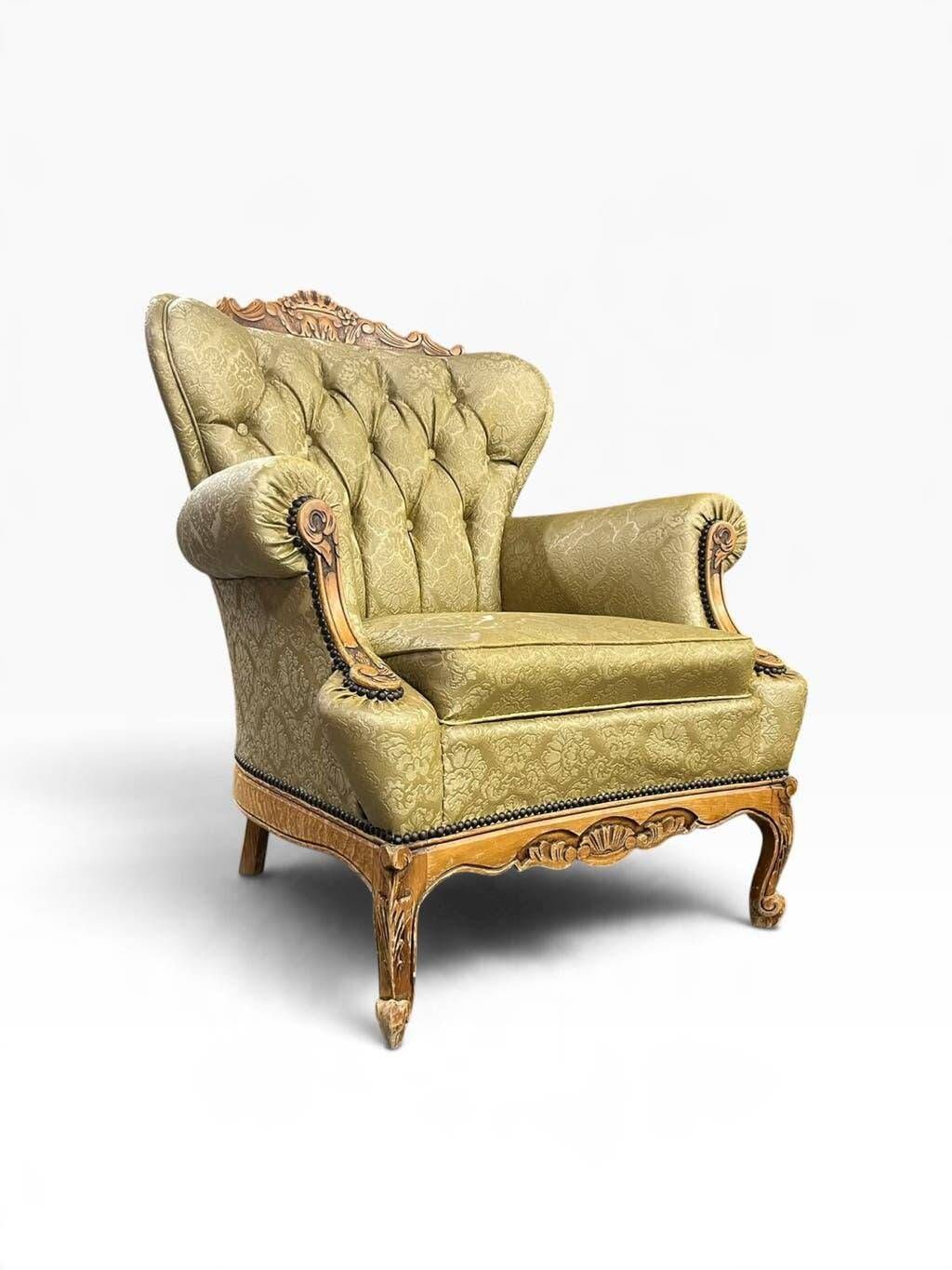 Vintage olive green baroque armchair / single seat / sofa