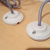 Pair of industrial hangings enamelled sheet metal and porcelain Sockets