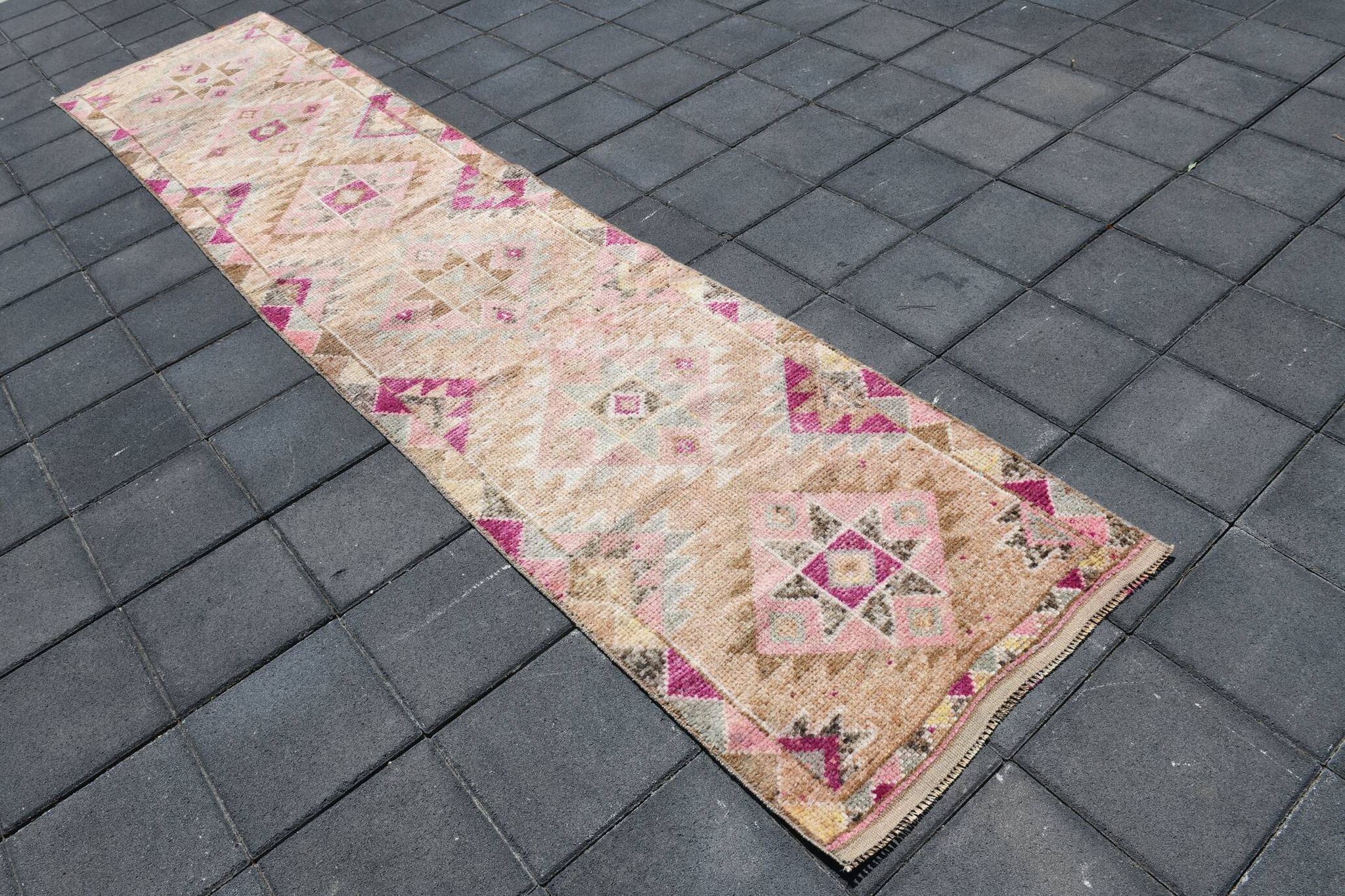 Fuchsia & Pink Vintage Runner Rug,Anatolian Geometric Wool Carpet,80x364 Cm