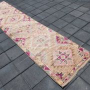 Fuchsia & Pink Vintage Runner Rug,Anatolian Geometric Wool Carpet,80x364 Cm