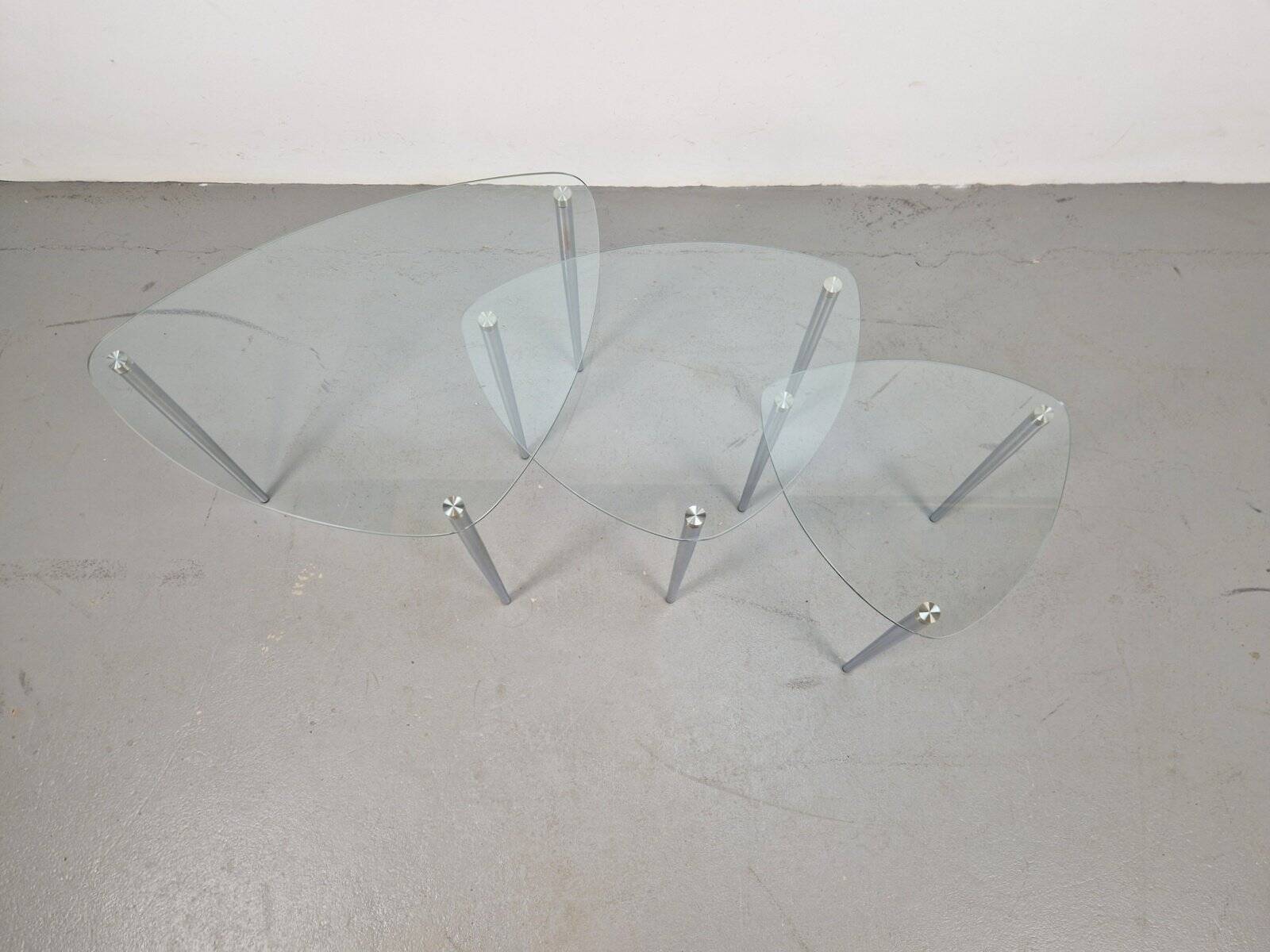 Triangular Nesting Tables in Glass and Metal, 1970s, Set of 3