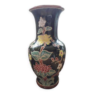Grand vase vintage en céramique au décor floral