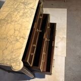 Commode 3 tiroirs de style Louis XVI, marbre et bronzes dorés