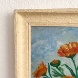 Tableau peinture ancienne huile sur panneau bouquet de fleurs