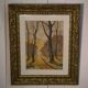 Lithograph of a woodland path, gilt frame, with embossed foliage decoration, 1950s