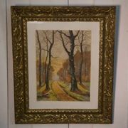 Lithograph of a woodland path, gilt frame, with embossed foliage decoration, 1950s