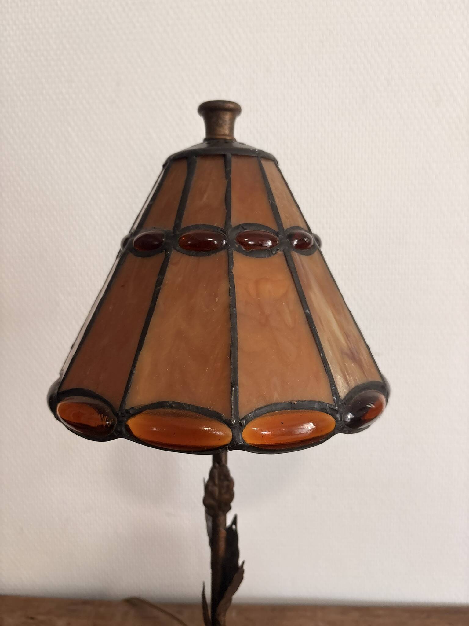 Tiffany Table Lamp Art Nouveau Stained Glass Amber Patinated Base