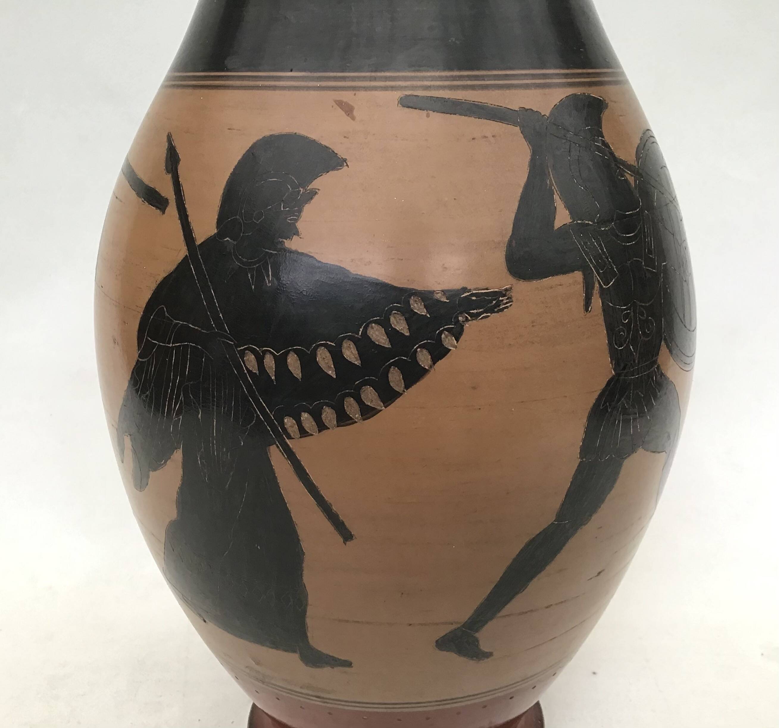 Reproduction of a Greek Attic-style black-figure vase depicting warriors