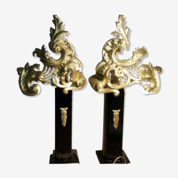 Set of 2 table lamps, old gilded bronze lampshades