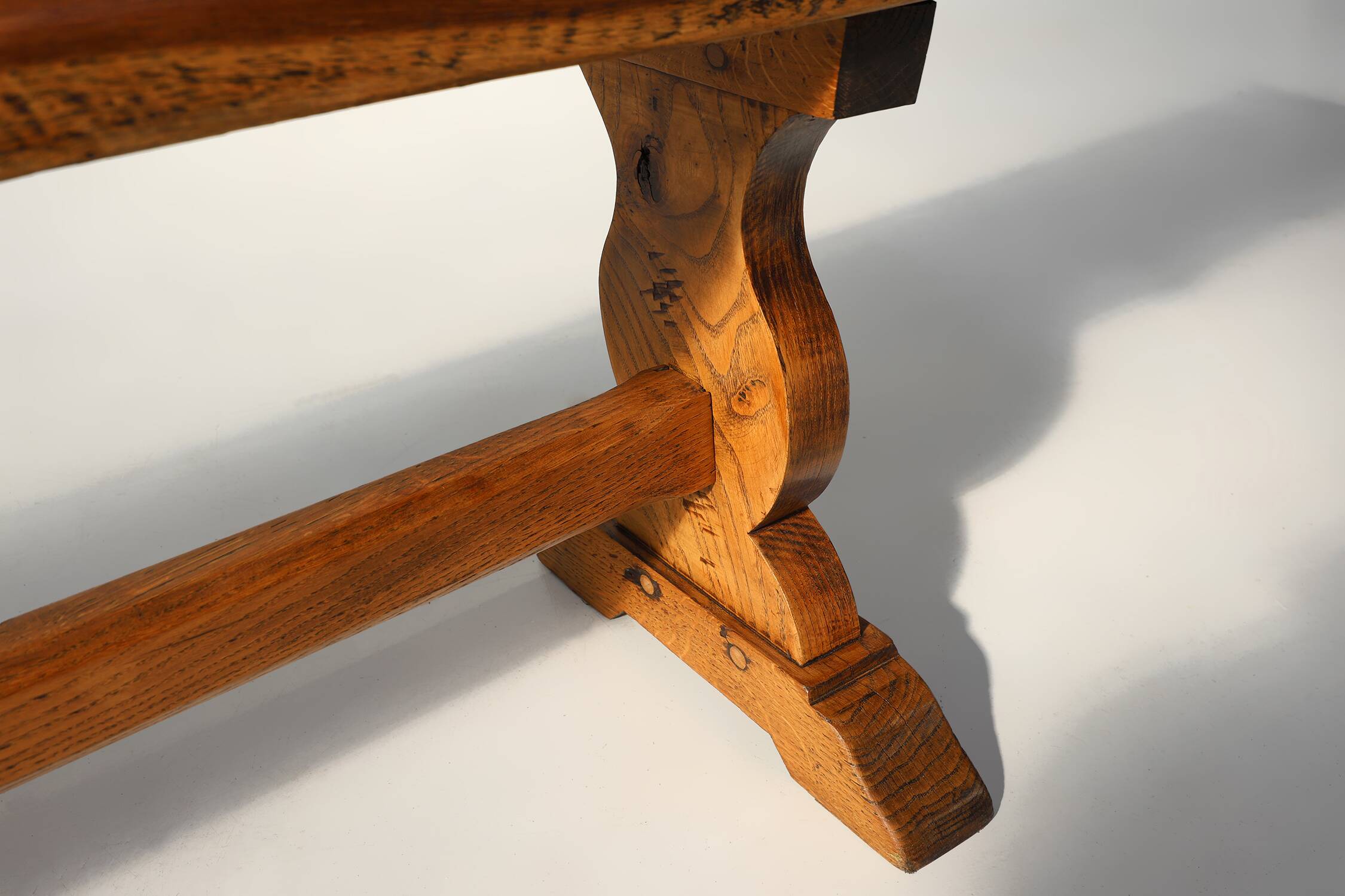 French Extra long solid elm wooden monastery bench, ca. 1850