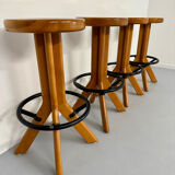 Set of 4 solid elm wood bar stools, vintage 70s design