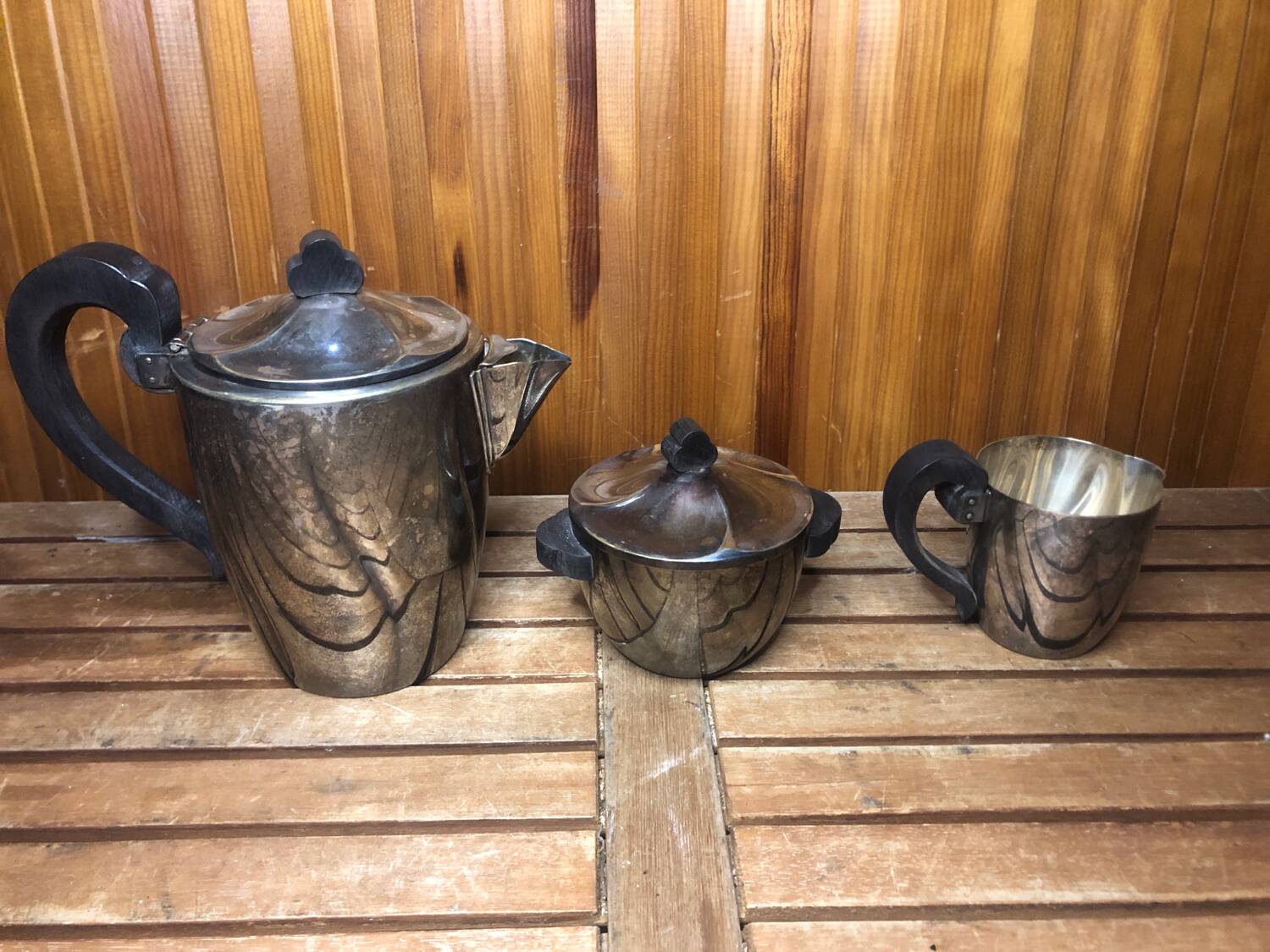 Old art deco coffee tea service silver metal & vintage black wood handles #a591