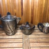 Old art deco coffee tea service silver metal & vintage black wood handles #a591