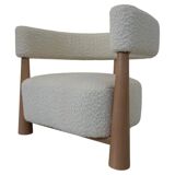 Contemporary Pair of Italian Armchairs, Wood and White Boucle Fabric