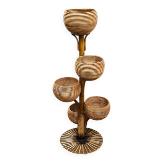 1960s Italian bamboo multi-tier plant stand with five sculptural bowls