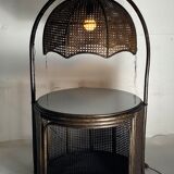 Faux bamboo rattan webbing side table with integrated hanging lamp, Dutch 1960s-1970s