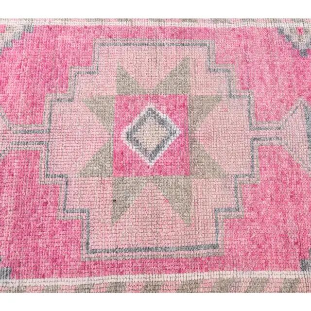 Vintage Pink Geometric Turkish Hand-Knotted Runner 92x342