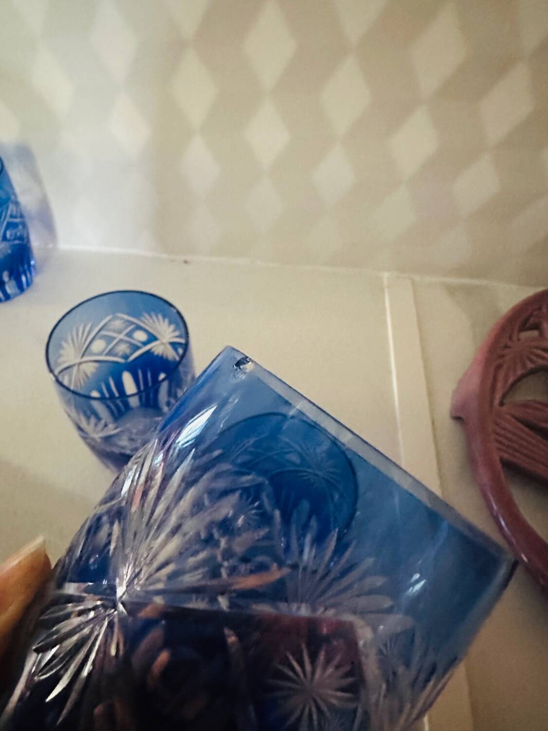 4 antique blue crystal glasses