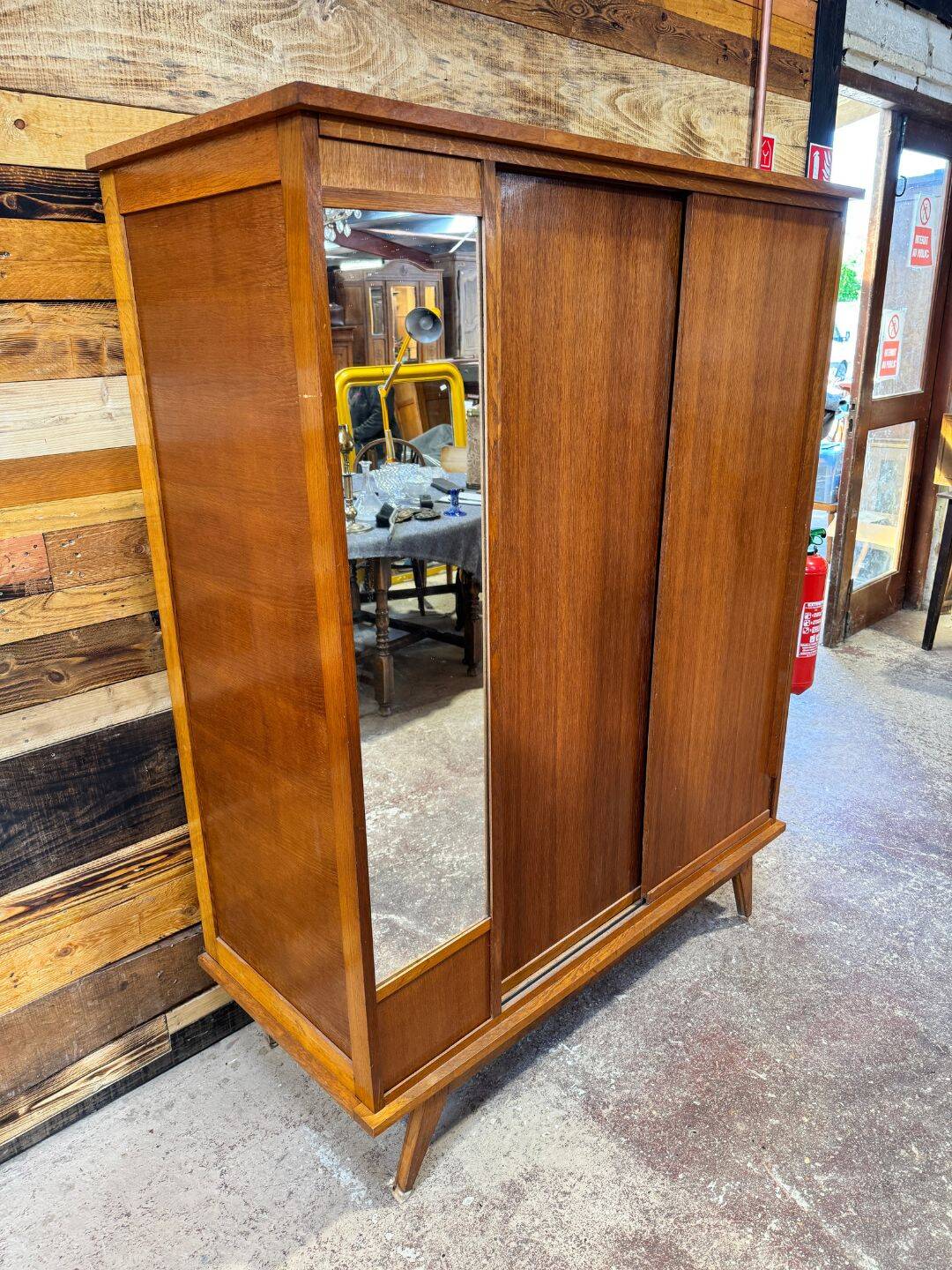 Vintage sliding door wardrobe with mirror - 1970s