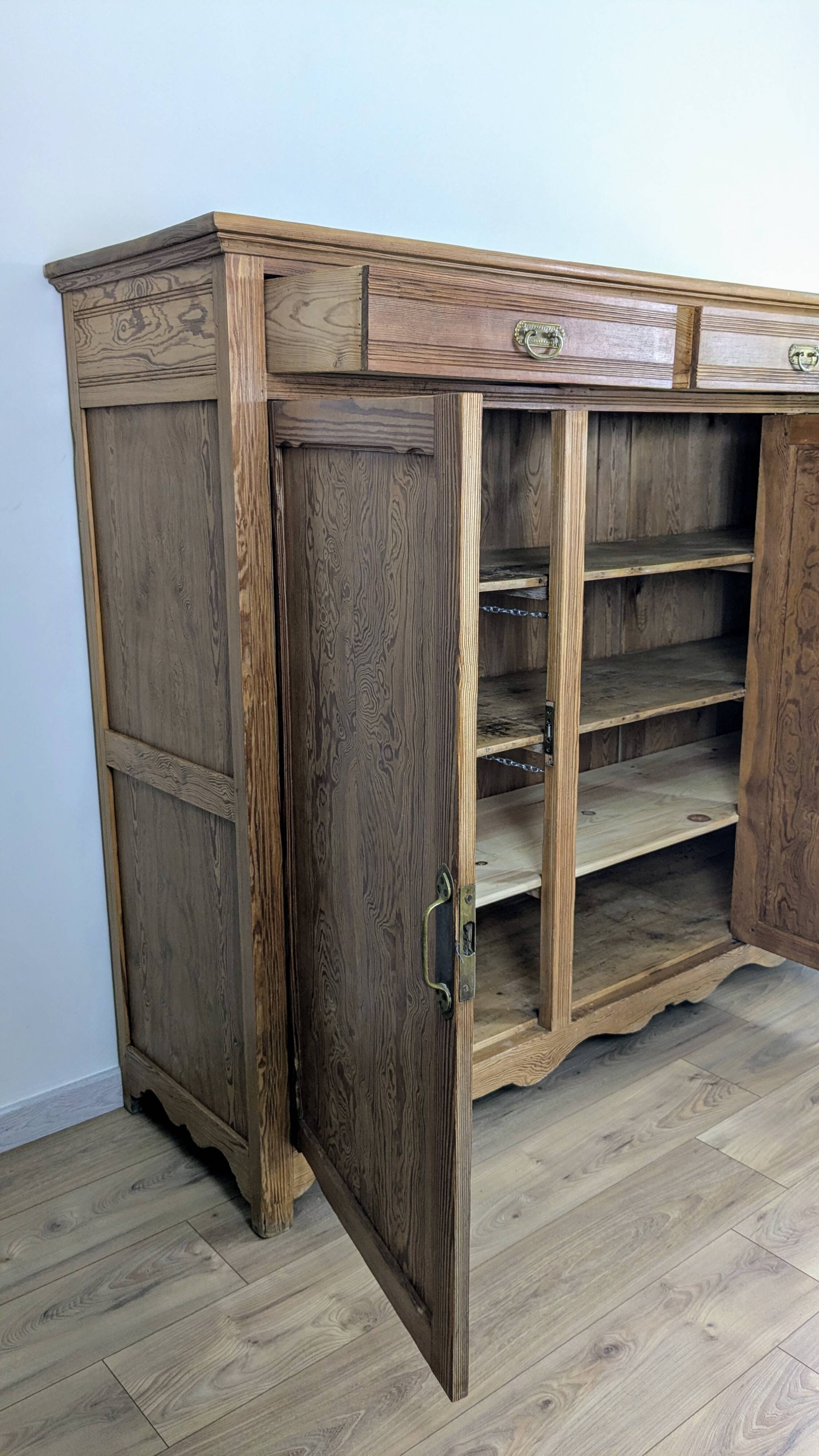 Large solid pitch pine sideboard, 206 x H150 cm, unique piece