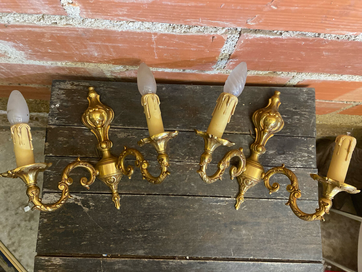 Pair of Double Wall Lights in Antique Louis XV Style, Gilded Bronze Vintage #D67