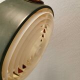 Swedish hanging lamp, in dark green lacquered metal with red glass prisms and brass top/suspension.