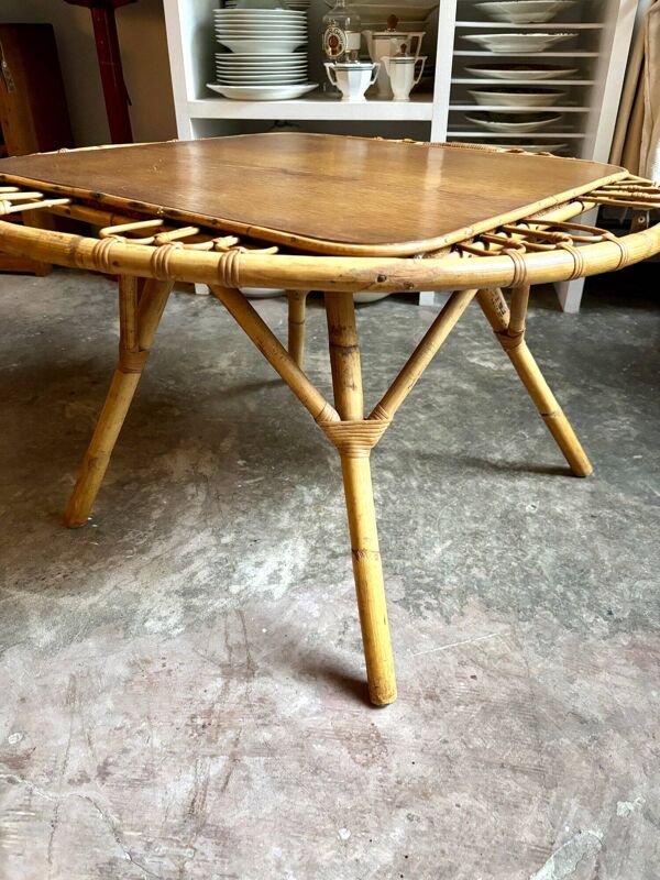 Table basse en bois et rotin, années 1960