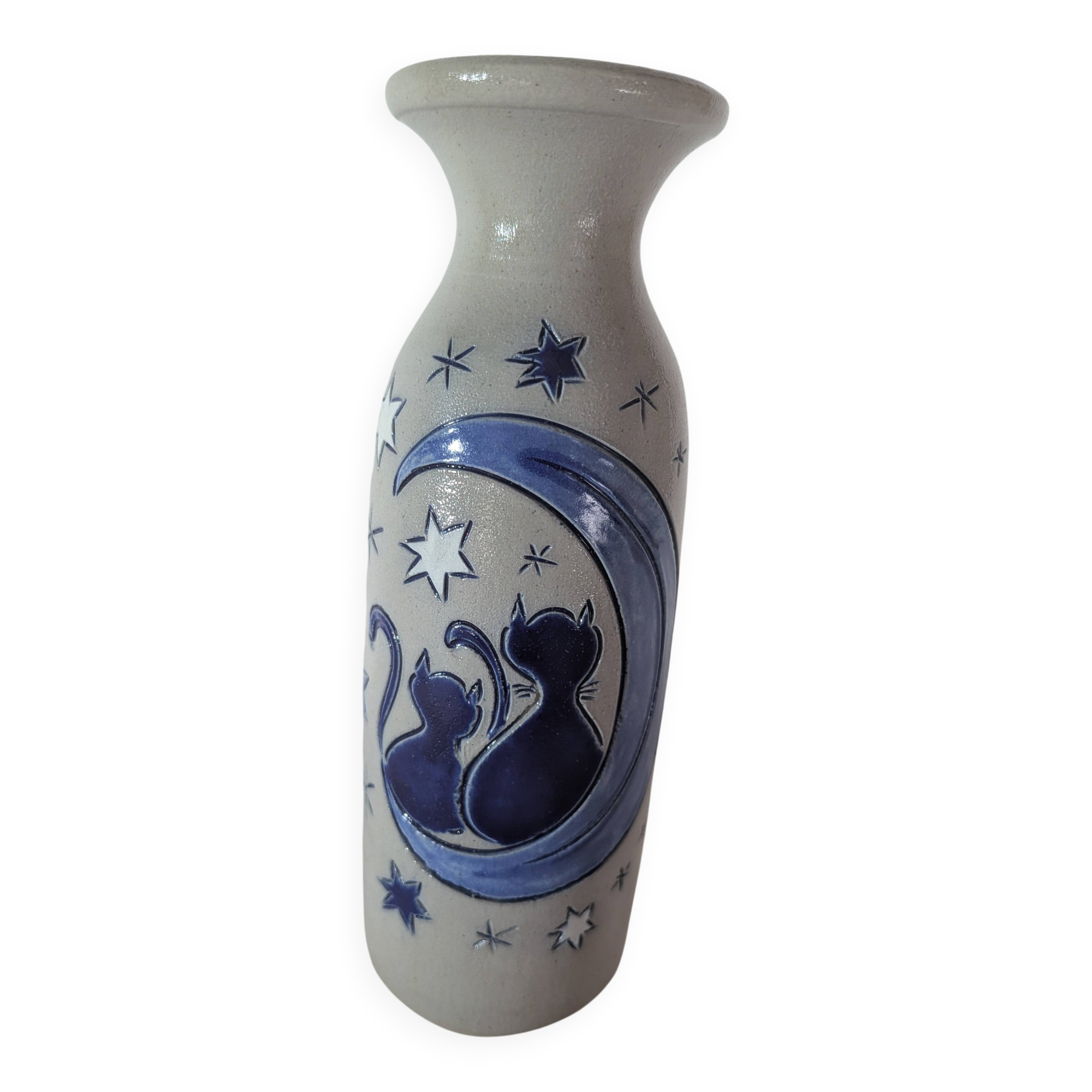 Salt-glazed stoneware vase from Betschdorf by Fortuné Schmitter – cats, moon and star