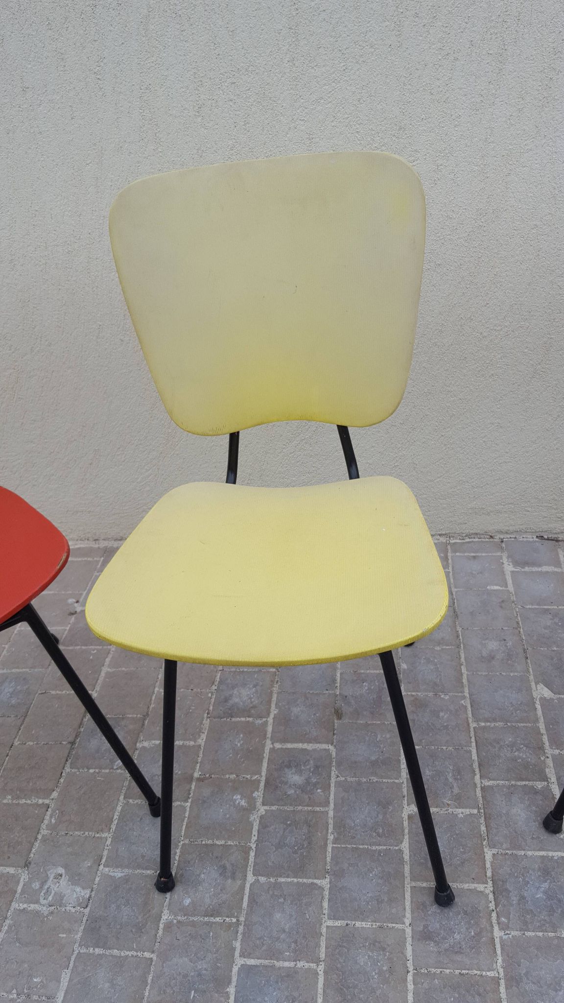 4 vintage metal tubular feet chairs, vinyl seating, skai