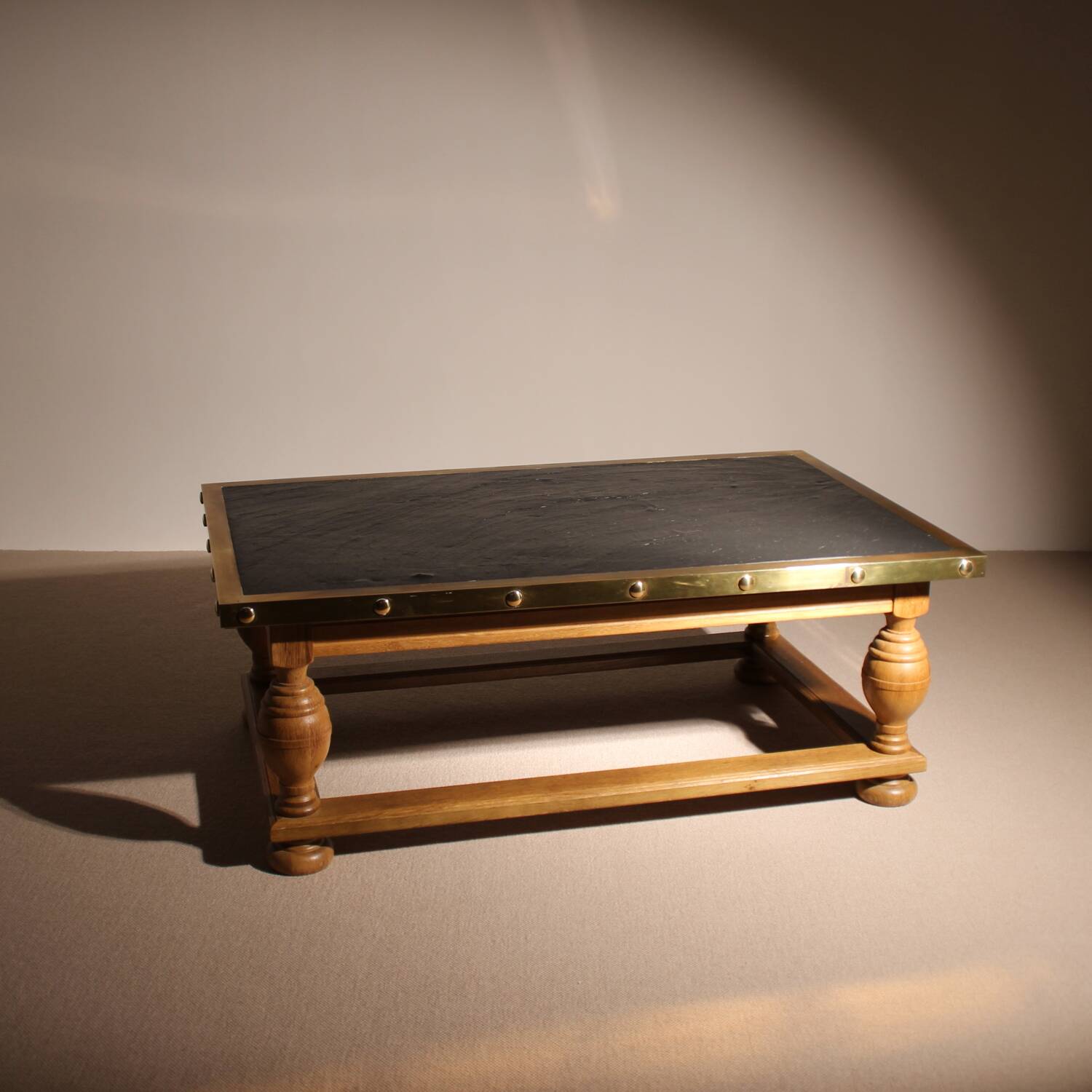 Rustic Coffee Table in Slate, Brass and Solid Oak | Germany 1970s