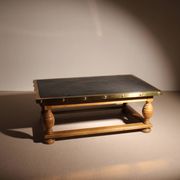 Rustic Coffee Table in Slate, Brass and Solid Oak | Germany 1970s