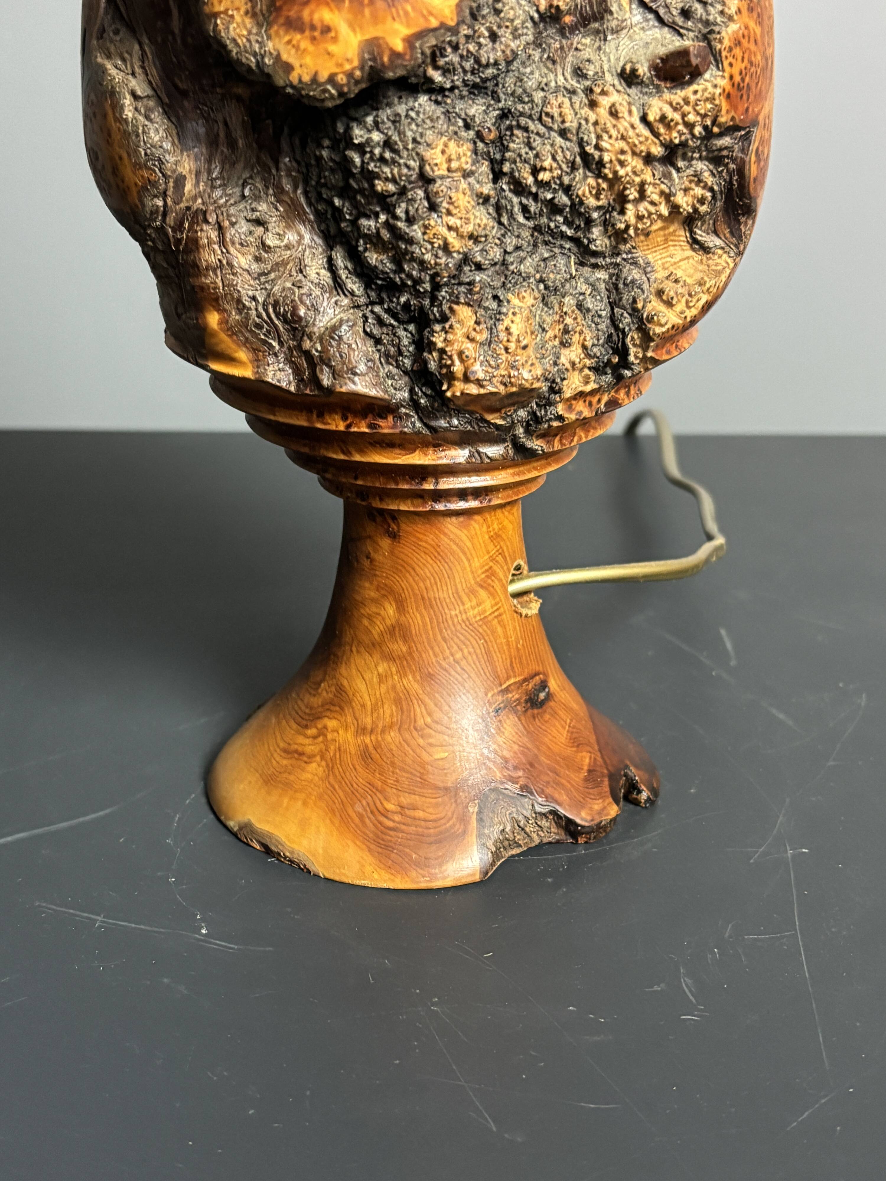 Sculptural artisanal brutalist midcentury burl wood turned table lamp 1960s