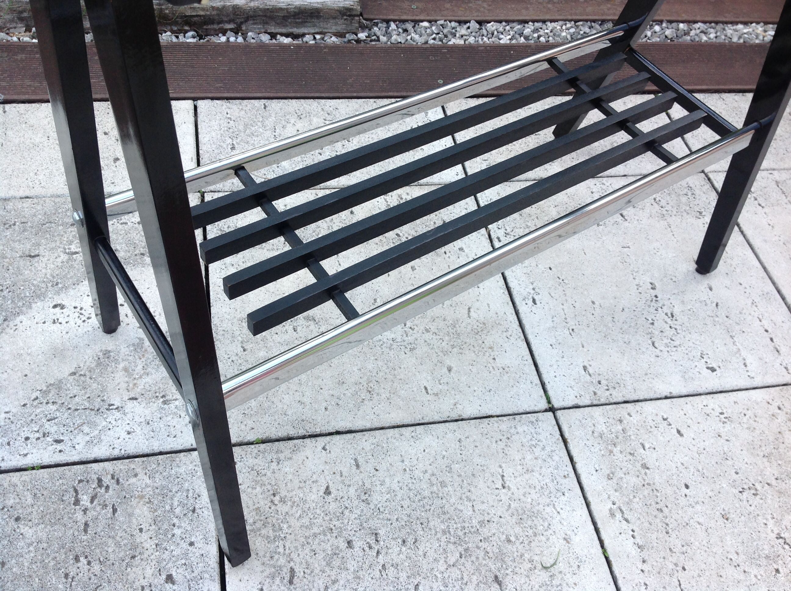 Console in black lacquered wood and chromed metal / vintage 60s-70s