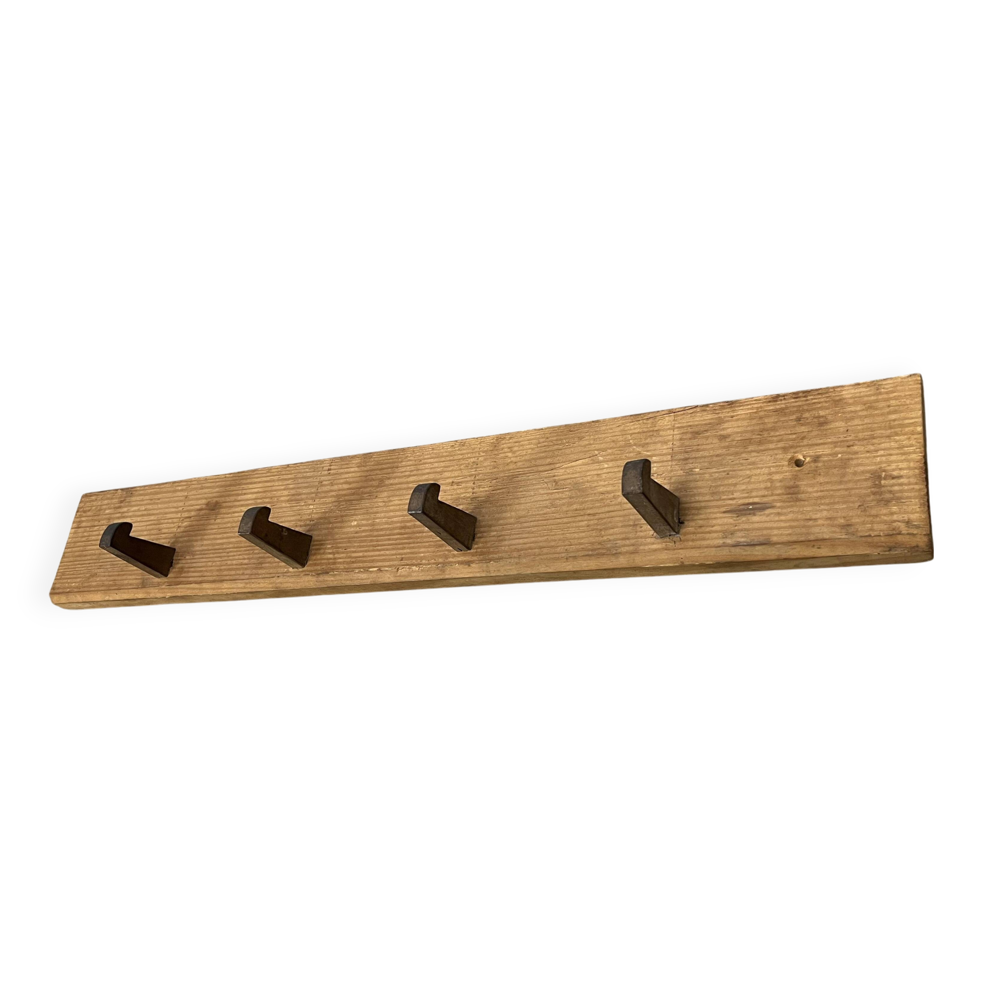 Brutalist pine chalet style wall coat rack, 4 hooks